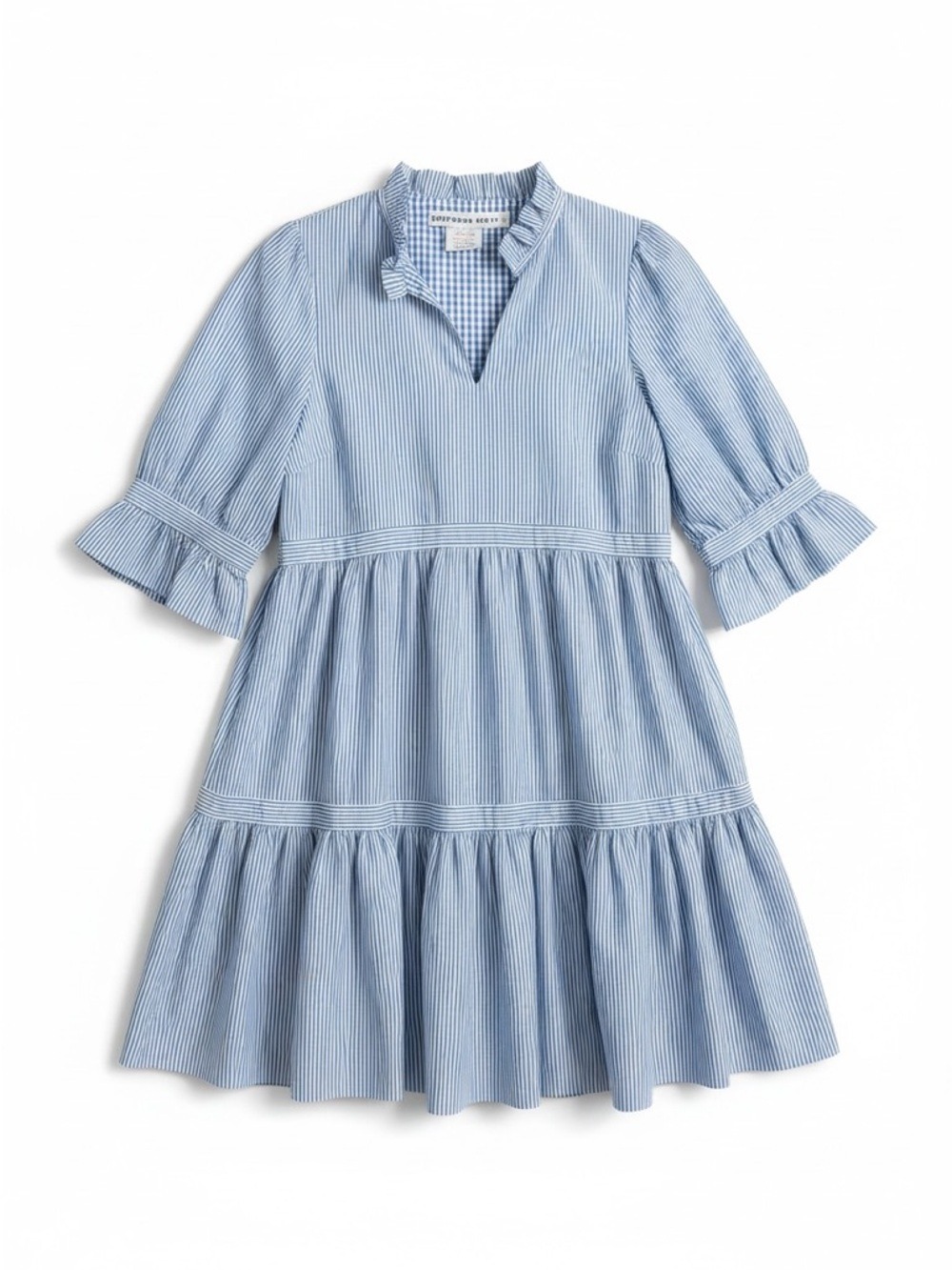 Gretchen Scott Teardrop Tiered Dress Light Blue Pinstripe Size Small - Picture 2 of 8